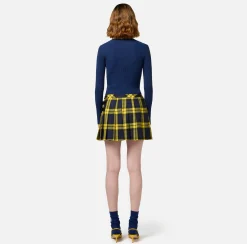 Elisabetta Franchi Skirts|Wool tartan pleated miniskirt with embroidered patch Navy/Mimosa