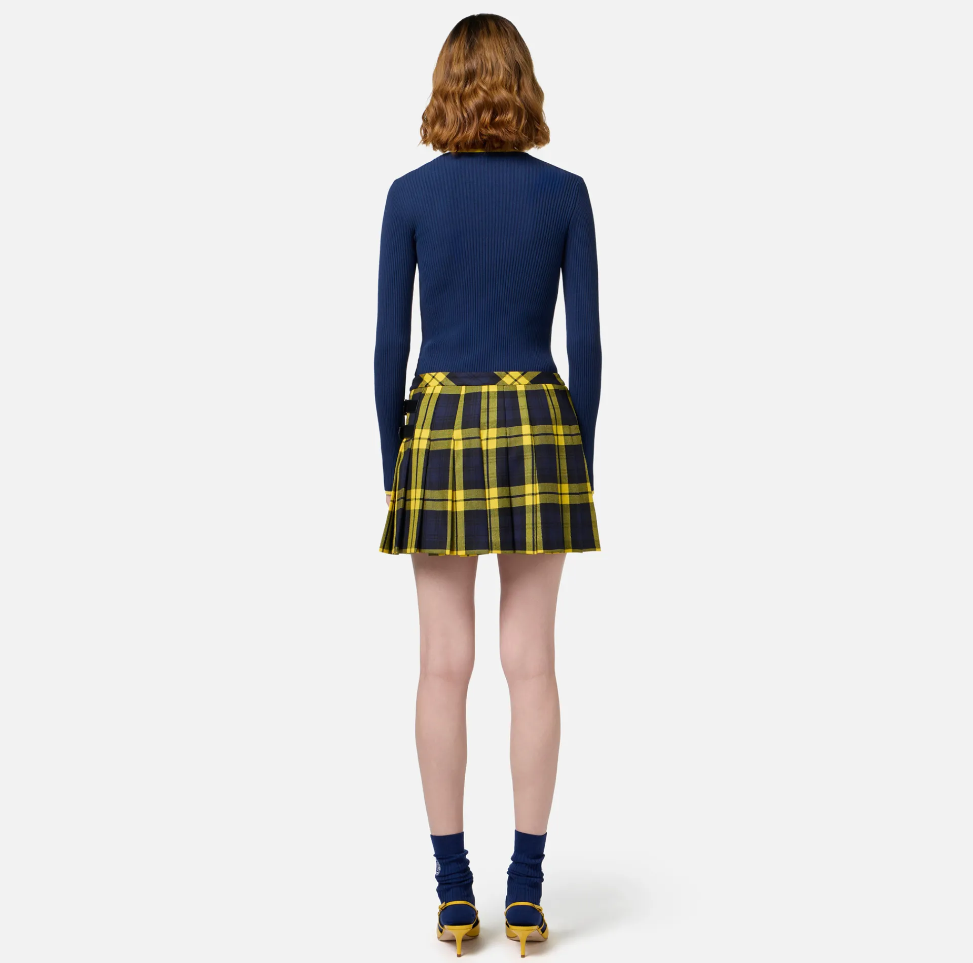 Elisabetta Franchi Skirts|Wool tartan pleated miniskirt with embroidered patch Navy/Mimosa