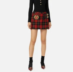 Elisabetta Franchi Skirts|Wool tartan pleated miniskirt with embroidered patch Black/RedPassion