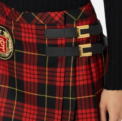 Elisabetta Franchi Skirts|Wool tartan pleated miniskirt with embroidered patch Black/RedPassion