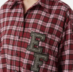 Elisabetta Franchi Mini Dresses|Dresses|Wool tartan shirt dress with embroidered patch RedPassion