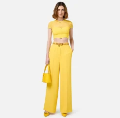 Elisabetta Franchi Trousers And Shorts|Woven crêpe straight fit trousers with logo plaque Mimosa