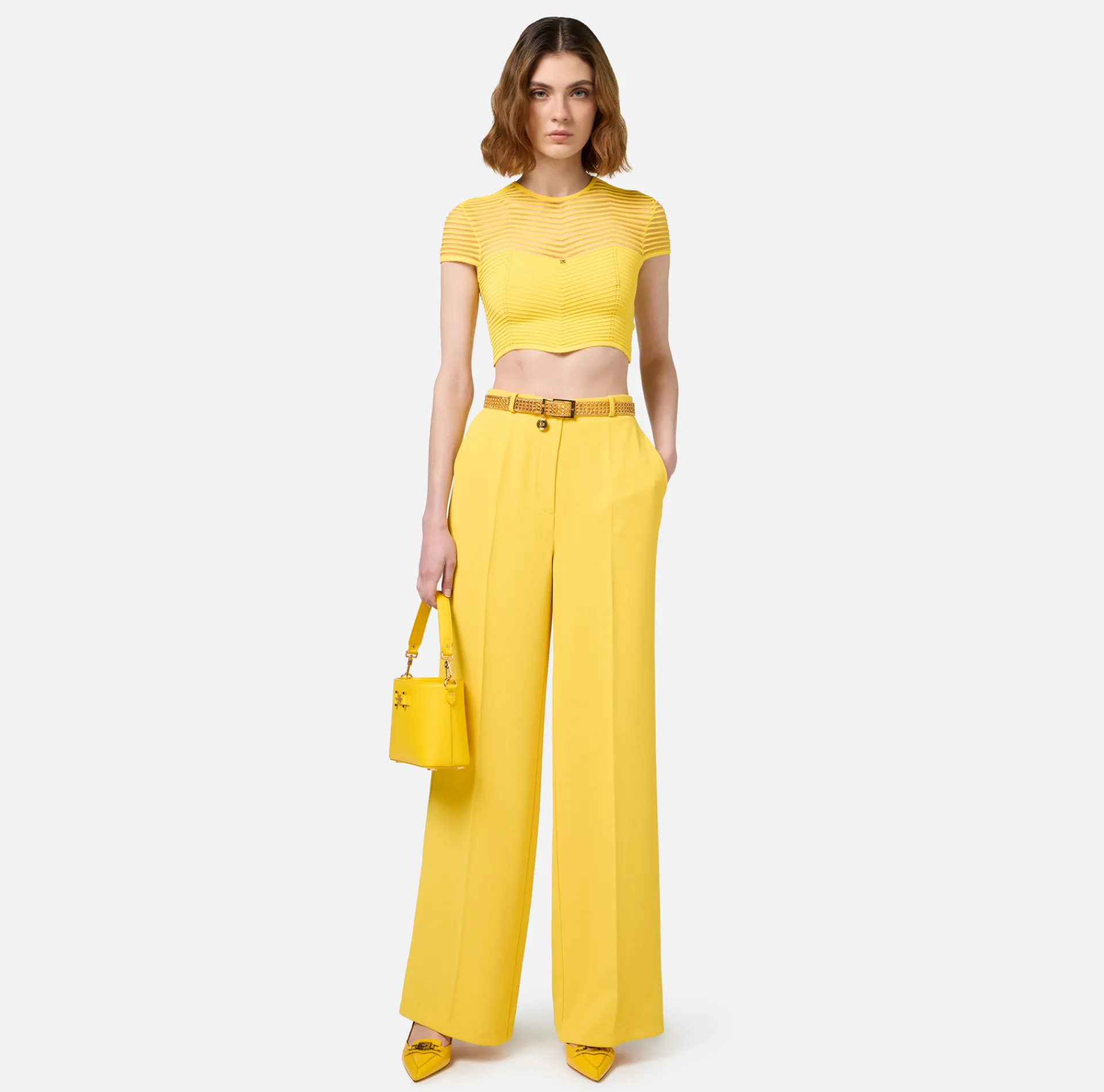 Elisabetta Franchi Trousers And Shorts|Woven crêpe straight fit trousers with logo plaque Mimosa